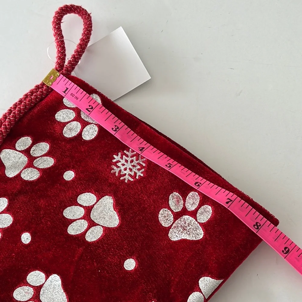 Loving Kindness Pet Stocking Red with Silver Paw Prints and Snowflakes